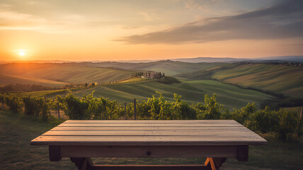 Empty wooden table with tuscan landscape at sunset