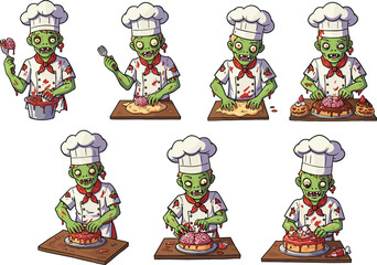 Zombie chefs making spooky Halloween cakes, cartoon undead bakers with creepy desserts, horror food preparation scene, funny scary brain pastries