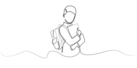 Continuous one line drawing of student with school backpack and hugging a book. Minimalist outline vector, education concept, back to school, child learning, studying, kid illustration line art.