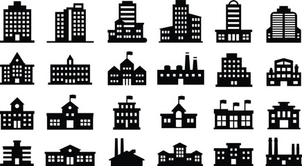 Obraz premium Black building icons, factory silhouettes, school symbols, urban infrastructure elements, real estate vector set, office blocks, architecture illustration, design