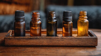 Small amber glass bottles of liquid on a wooden tray