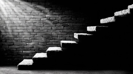 Stone steps ascend in a dimly lit space.