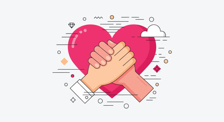 Two hands shaking in front of a large pink heart, symbolizing friendship and support
