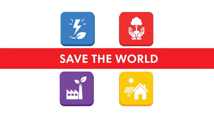 Save the world concept with icons for energy, environment, and industry