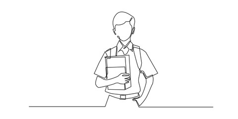 Continuous line drawing of a student wearing a school uniform, carrying a backpack and holding books. Minimalist outline vector illustration symbolizing education and learning.