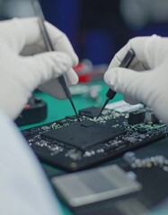 Close-up of technicians assembling a circuit board
