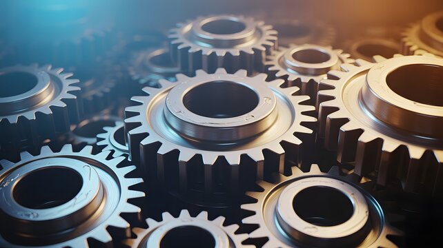 Interlocking metallic gears bathed in warm and cool lighting, symbolizing precision engineering and mechanical harmony.