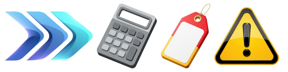 Set of icons including arrows, calculator, tag, and warning sign isolated on transparent background