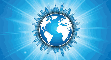 Abstract digital art depicting the earth surrounded by a cityscape and radiating light