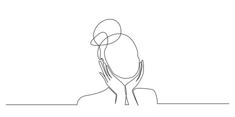 Continuous one line drawing of a woman with hair bun holding her cheeks with both hands. Minimalist beauty concept, elegant female portrait outline, fashion and skincare illustration.
