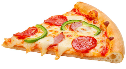 Delicious slice of pepperoni and green pepper pizza with melted cheese on a wooden table, inviting