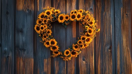 Heart-Shaped Sunflower Arrangement on Wooden Background
