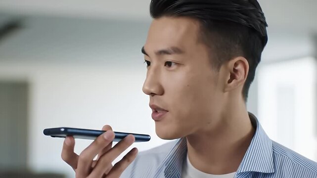 Young Man Using Voice Commands on Smartphone Indoors