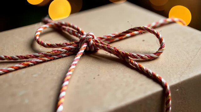 Beautifully Wrapped Gift Box with Twine Bow Against Softly Lit Warm Background for Celebratory and Festive Occasions