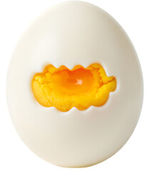 Cracked egg revealing bright yellow yolk, set against a clean white background, symbolizing freshness