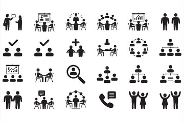 Corporate office icon pack with communication management and planning symbols