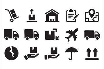 Fast delivery and transport vector set with fragile icons and warehouse design