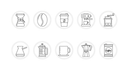 Collection of coffeerelated icons in a line format