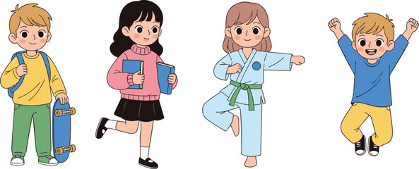 Group of happy children standing together, school kids holding books, boy with skateboard, martial arts girl, jumping playful illustration design