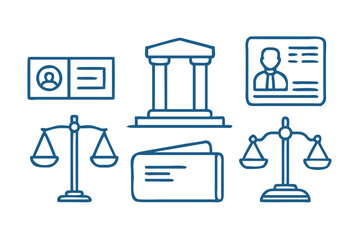 Vector art of law and justice icons featuring scales, identification, bank