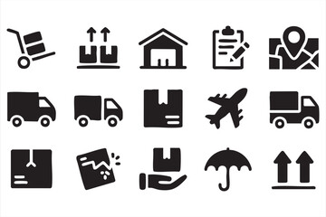 Parcel and transport icons collection with delivery trucks and airplane design