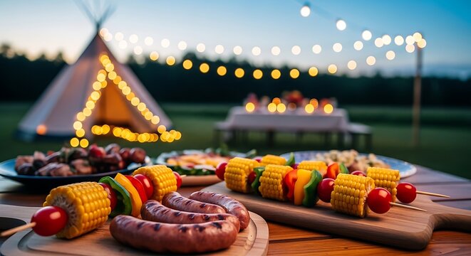 Delicious camping food spread featuring grilled kebabs corn on the cob and sausages under twinkling lights