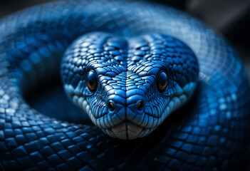 Blue Black Snake Closeup with Glossy Scales and Intense Gaze