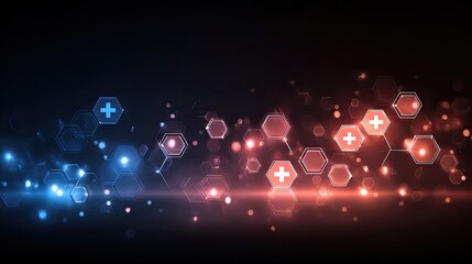 Abstract medical technology background.  Hexagon shapes with plus symbols in red and blue light
