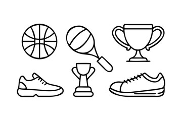 Vector art of sports equipment icons including basketball, tennis racket, trophy