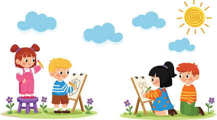 Children drawing outdoors on easels, happy kids painting in sunshine, creative art activity, learning, fun, imagination, education, outdoor playtime.