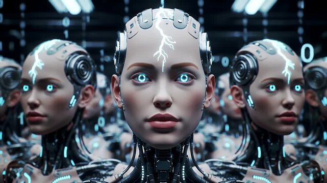 Rows of Female Android Robots in Dark Setting