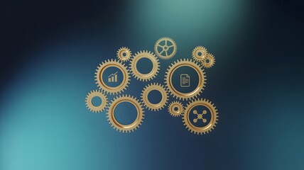 Golden gears interconnected with icons, symbolizing complex systems and processes against a gradient blue background