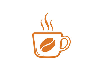 Stylized orange icon of a steaming coffee cup with a coffee bean graphic