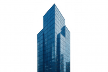 Glass skyscraper towering with contemporary architectural lines, reflecting urban skyline against minimalist backdrop