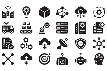 Automation and robotics vector icons with production and smart factory design
