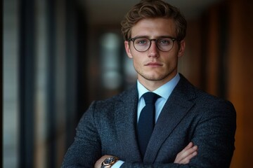 Portrait of a young businessman, a lawyer in a suit and glasses, standing in the office, crossing his arms on his chest, confidently and seriously looking at the camera, embodying, Generative AI