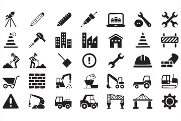 Construction and architecture icons set with equipment workers and vehicles