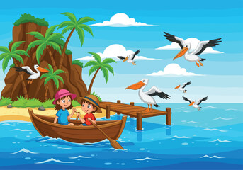 Two kids rowing wooden boat near tropical island with palm trees, pelicans flying and sitting on dock, ocean cartoon illustration