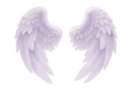 Delicate purple feathered wings floating gracefully, emanating serene mystical energy against soft blurred background