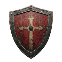 An aged red and gray wooden shield with a metal frame and a central cross design