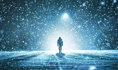 Solitary Figure Walking Night City Foggy Waterfront