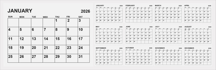 Monthly calendar layout for 2026 year. Diary planner for 2026 year. Week Starts on Sunday.