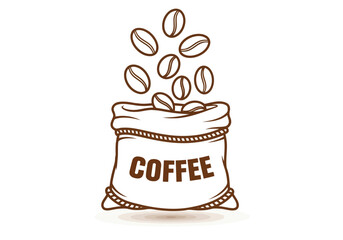 Illustration of coffee beans falling into a sack with the word coffee on it