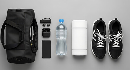 Get ready for your workout with this essential fitness gear collection including a duffel bag, sneakers, and tech accessories.