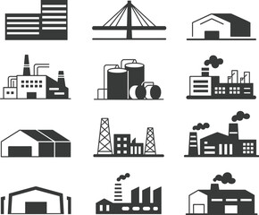 Industrial buildings and warehouses icons set, factory silhouettes, power plants, storage tanks, smokestacks, manufacturing facilities, urban industry, infrastructure design, black icons collection.