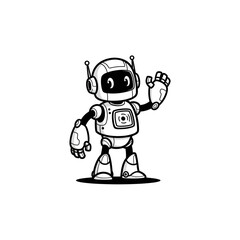 Cartoon robot with antenna waving its hand, standing on a white background, outlined in black and white.