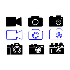 Camera Icon Set with Video Recorder – Flat Outline Photography Vector Symbols
