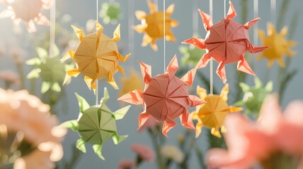 Colorful origami sea turtles suspended in a serene, sunlit garden setting