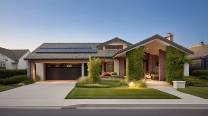 Modern single-family house at dusk with manicured lawn, landscaped garden beds, green climbing vines, white walkway,