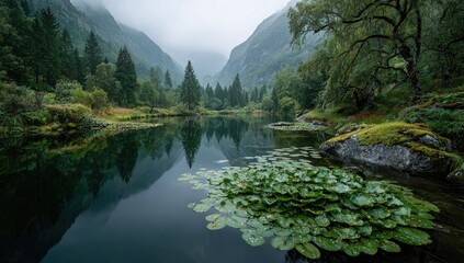 Misty mountain lake, lush reflections